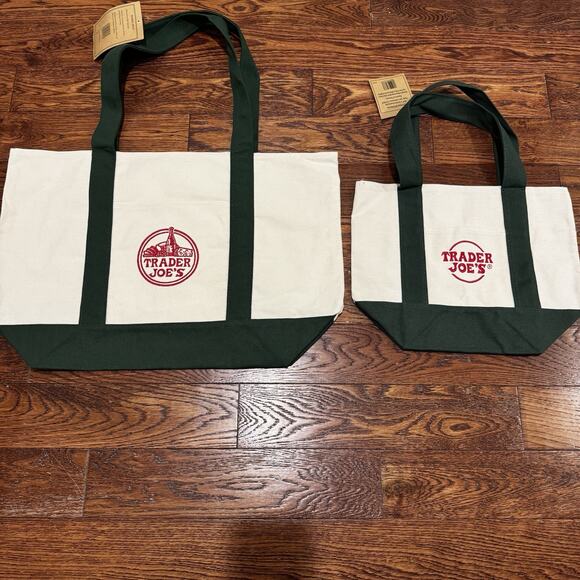 Mommy & Me NEW Trader Joe's Canvas Tote Bags Embroidered Reusable Pockets Green - Picture 2 of 16